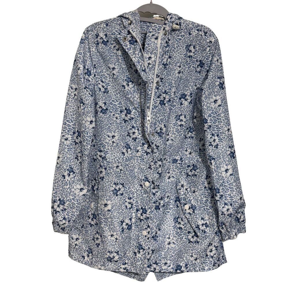 LINDA ANDERSON Rain Jacket SMALL Blue Leopard Floral Hooded EUC